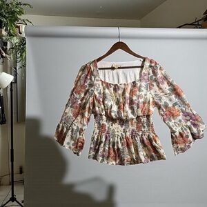 London Rose Women’s Long Sleeve Floral Blouse with Smocked Waist Size Medium